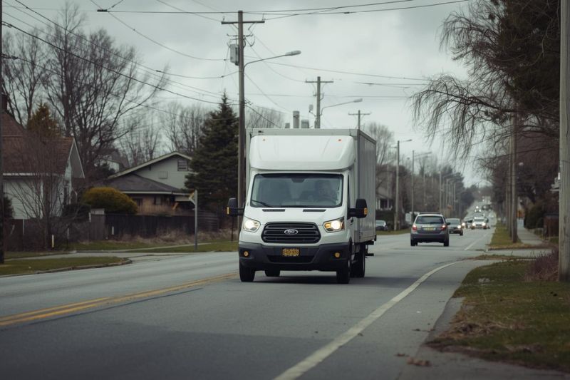 Bus dostawczy w trakcie jazdy po lokalnej drodze – wynajem samochodów Libiąż do transportu lokalnego i przeprowadzek