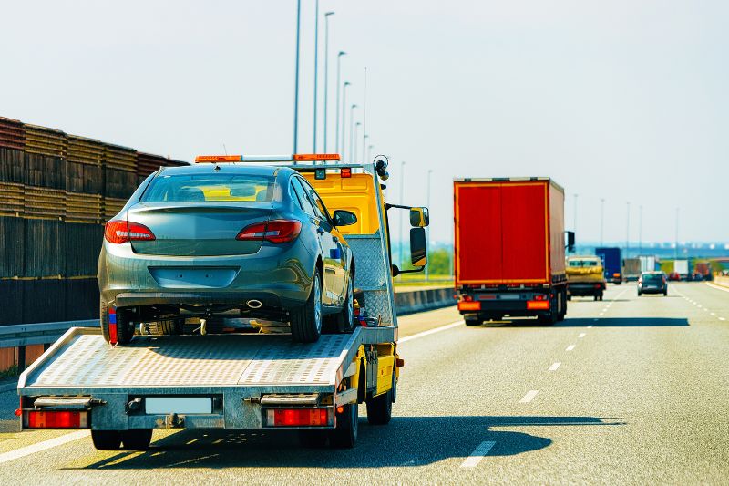 Laweta w Koninie wiezie samochód do warsztatu po unieruchomieniu na drodze