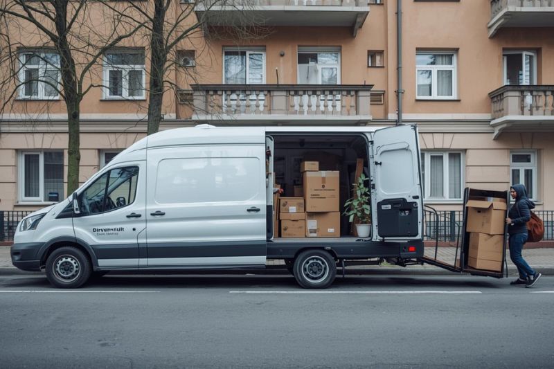 Wynajem dostawczaka w Libiążu podczas przeprowadzki – biały bus dostawczy załadowywany kartonami i meblami przed budynkiem mieszkalnym